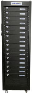 Black server rack with multiple locked compartments.